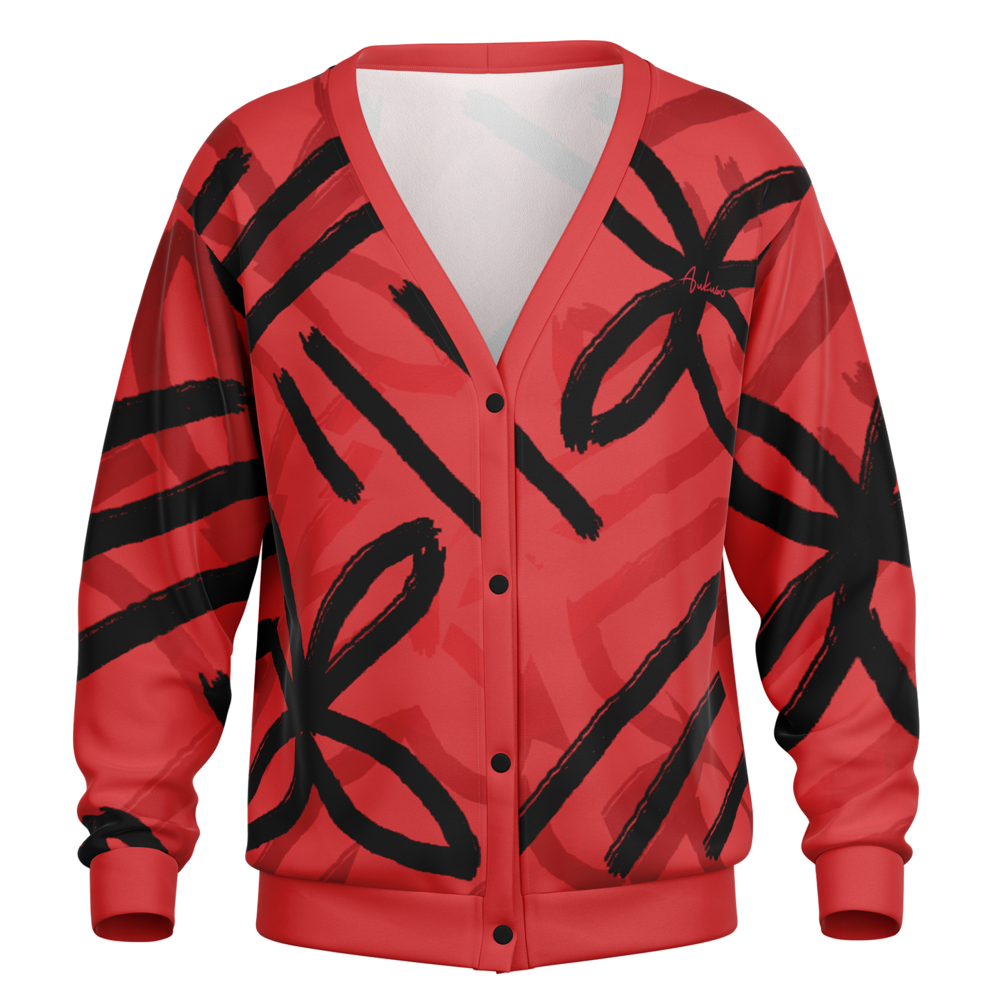 Front view of AUKUSO Red Island Cardigan, featuring a heavyweight oversized knit design, comfortable fit, and premium fabric blend, perfect for layering in colder weather or adding style to any outfit.